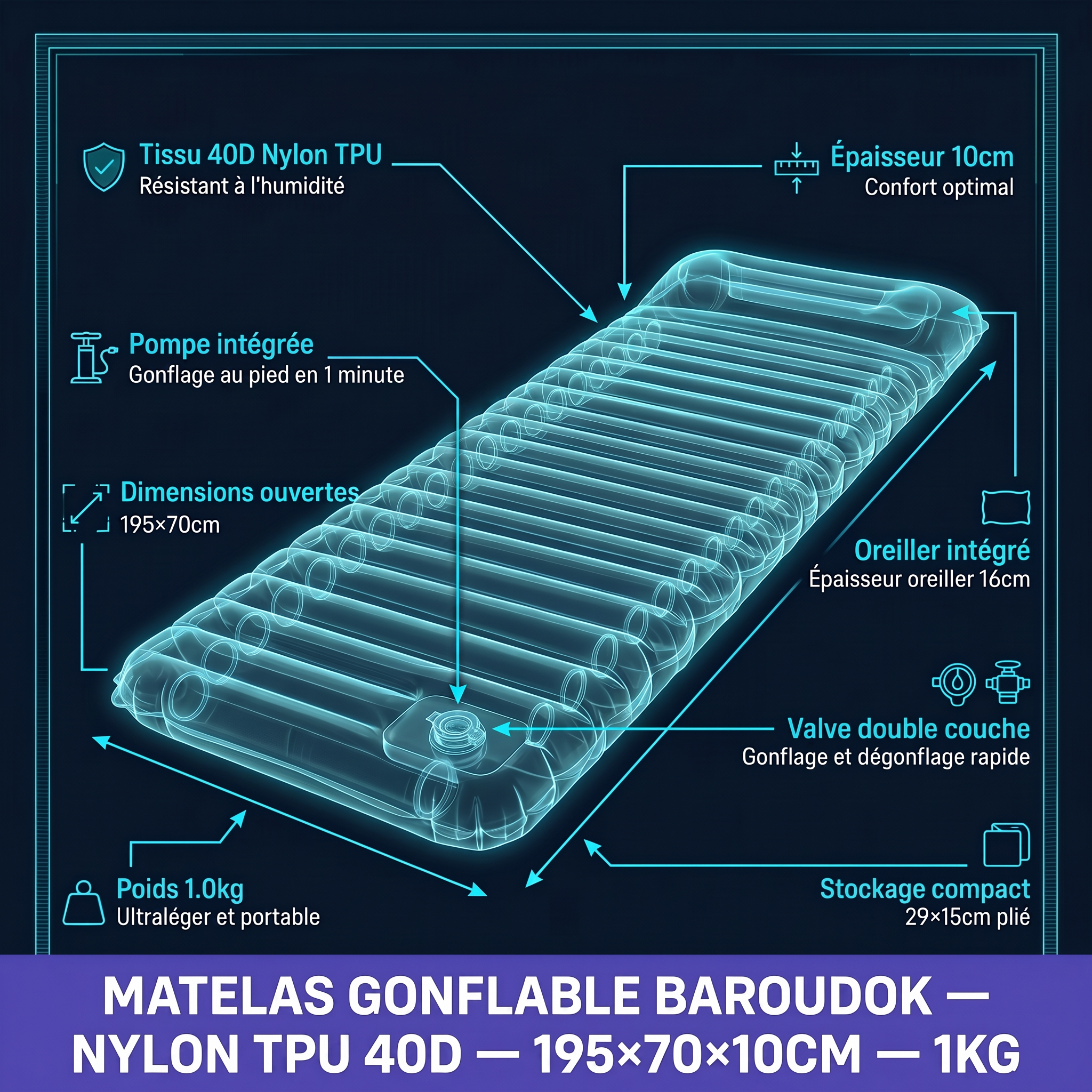 Matelas gonflable avec oreiller intégré — Design ergonomique et isolation thermique pour enfin bien dormir en camping.