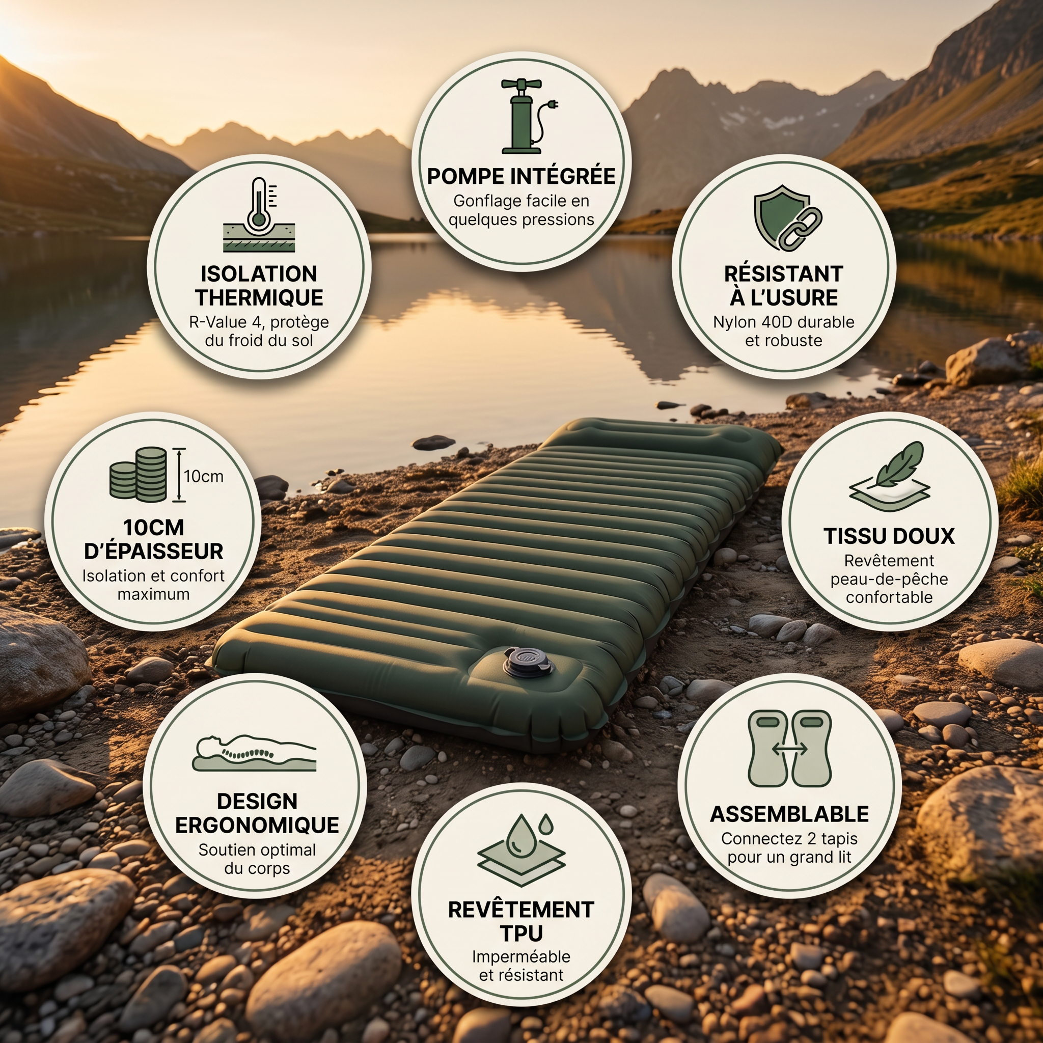 Matelas gonflable avec oreiller intégré — Design ergonomique et isolation thermique pour enfin bien dormir en camping.