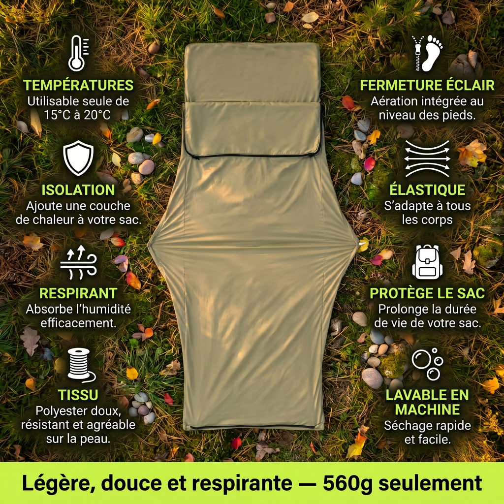 Combo Sac de Couchage + Doublure — Chaud et confortable du printemps à l'automne.