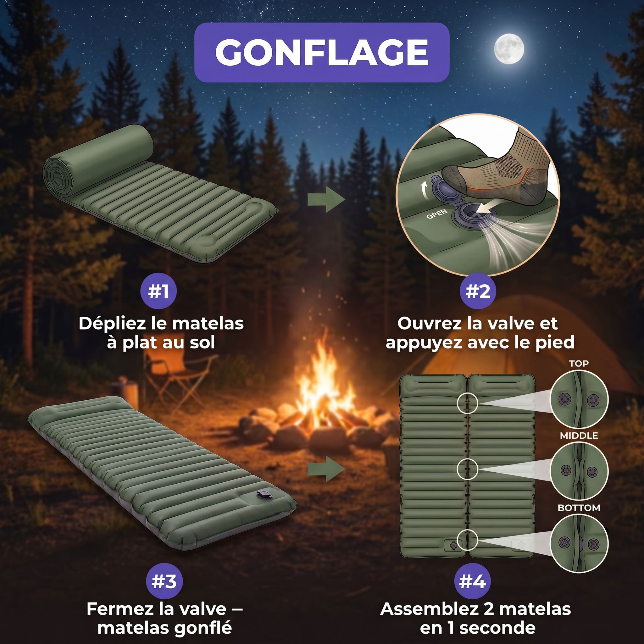 Matelas gonflable avec oreiller intégré — Design ergonomique et isolation thermique pour enfin bien dormir en camping.