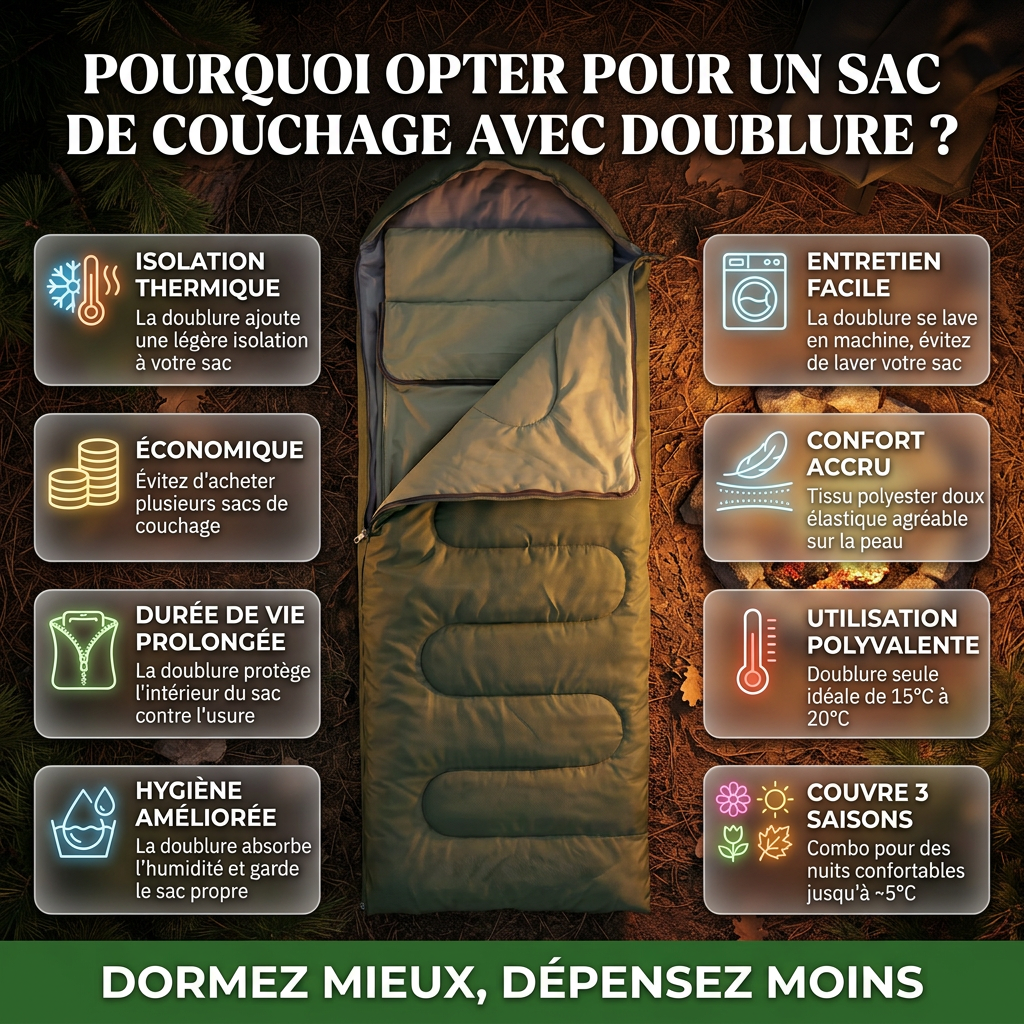 Combo Sac de Couchage + Doublure  — Chaud et confortable du printemps à l'automne.